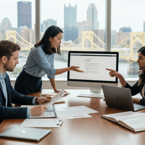 A team reviews a formatted document with redline edits for accuracy, offering Chinese Translation Services in Pittsburgh.