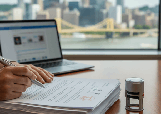 A certified translator stamps a USCIS-ready packet, showcasing Chinese Translation Services in Pittsburgh for immigration.