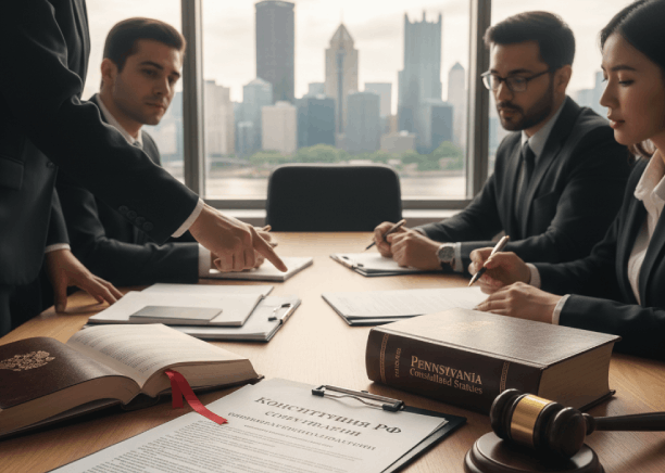 A notary reviews a certified Russian legal translation for a client, supported by Russian Translation Services in Pittsburgh.