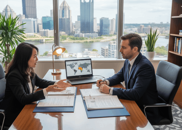A Pittsburgh manager reviews a stamped contract in Vietnamese, using Vietnamese Translation Services in Pittsburgh.