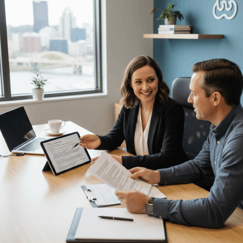 A project manager calls a local client, explaining timelines for Russian Translation Services in Pittsburgh with friendly.