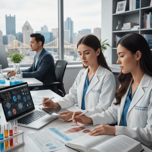 Doctors check medical records using Vietnamese Translation Services in Pittsburgh, aligning life sciences terms.