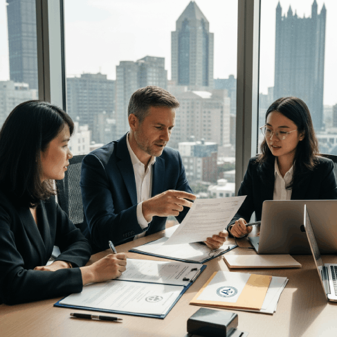 A sealed certified translation packet is prepared for USCIS, featuring Vietnamese Translation Services in Pittsburgh.