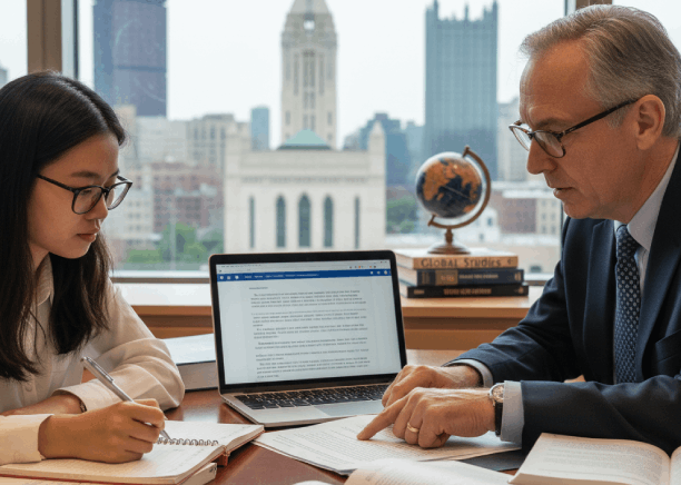 An admissions staff member reviews a translated academic transcript, relying on Vietnamese Translation Services.